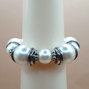 Vintage Faux Pearl with Fancy Silver Toned Spacers Stretchy Bracelet